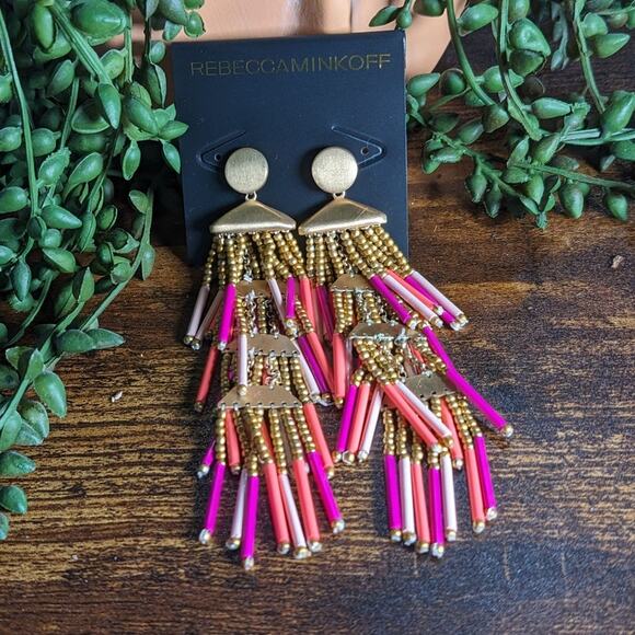NWT Rebecca Minkoff Beaded Fringe Statement Drop Earrings Pink Women's Size OS - Picture 2 of 6